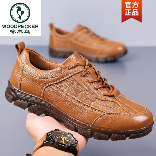 Woodpecker head layer cowhide leather shoes for men in autumn and winter men's business casual shoes genuine leather men's shoes brown tied beef tendon sole black four seasons 9905 standard leather shoes size 38