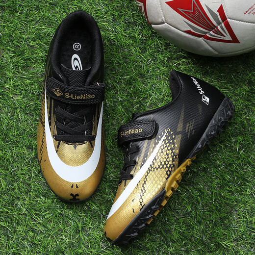 Irving leads the way in lace-free children's football shoes for men and women with broken nails TF artificial grass for teenagers and primary school students with Velcro ratio black gold broken nails 36