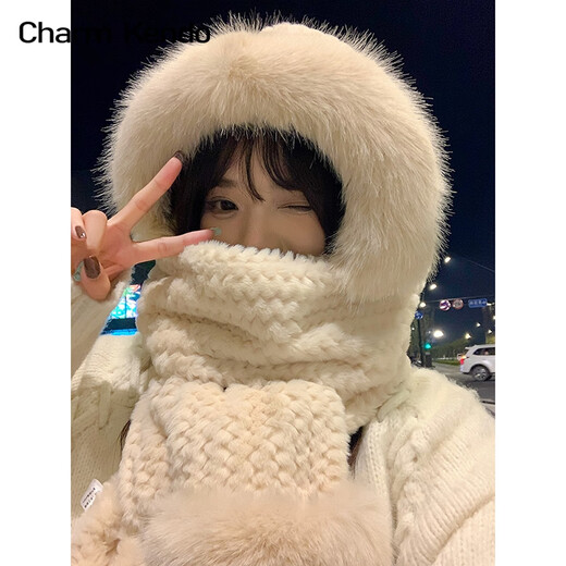 Charm Kendo官网帽女围巾一体秋冬季保暖围脖可爱百搭防寒连帽生日礼物送女友 米色 送女朋友实用老婆