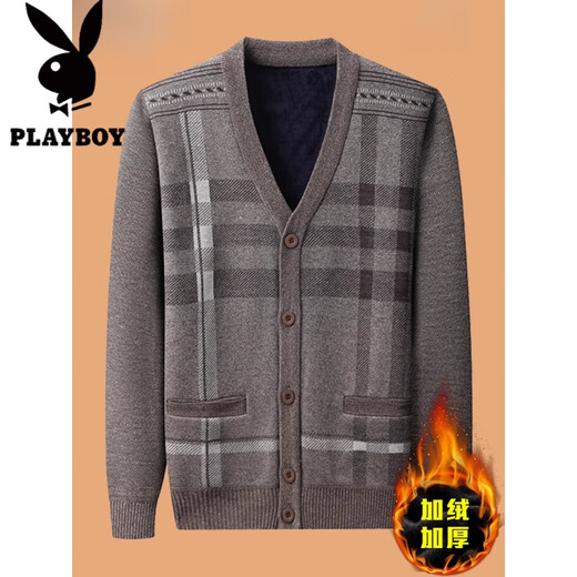 Playboy (PLAYBOY) velvet thickened knitted cardigan V-neck men's winter business casual cardigan sweater jacket dad outfit 3126 dark gray velvet thickened XL (recommended 120-150Jin Jin equals 0.5 kg)