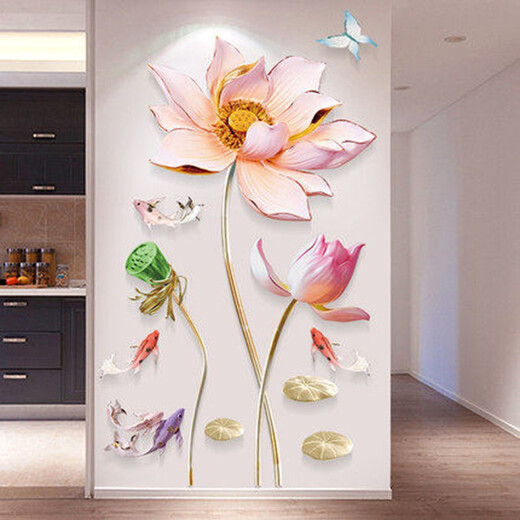 Yishujiayu 3D three-dimensional wall sticker self-adhesive bedroom living room entrance wall decoration sticker background wall sticker wallpaper lotus vase 728(YC9011) large