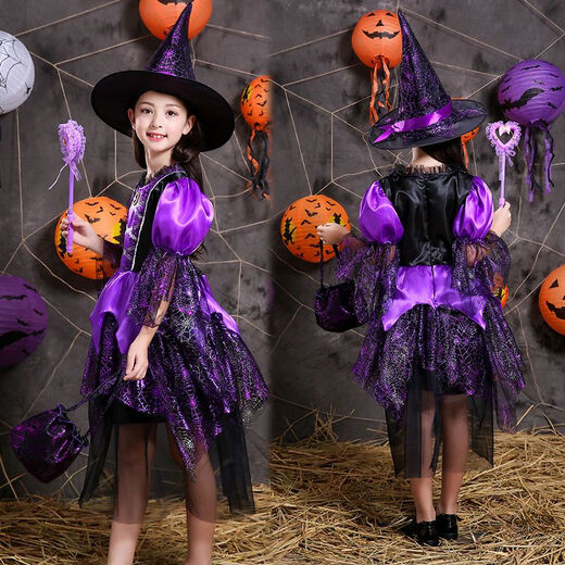 Stoffkatze Halloween Kostüm Kinder 3-12 Jahre altes Mädchen Prinzessin Kleid Halloween Little Witch Kleidung Masquerade Show Rock + Hut + leuchtender Rock + Kürbisbeutel 160 cm