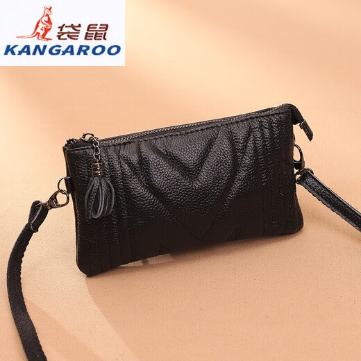 Kangaroo (KANGAROO) Summer Genuine Leather Crossbody Bag Women's Bag 2025 Chinese Valentine's Day Versatile Handbag Mom Soft Leather Mini Hand Mobile Phone Small Bag Black