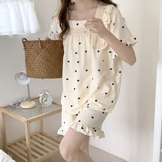 Wei Jies Sommerpyjama für Frauen reine Baumwolle modische und beliebte Sommerpyjamas für Frauen dünne Spitze kurze Ärmel Shorts süße männliche 694# L empfohlen 110-125jin [Jin ist 0,5 kg]