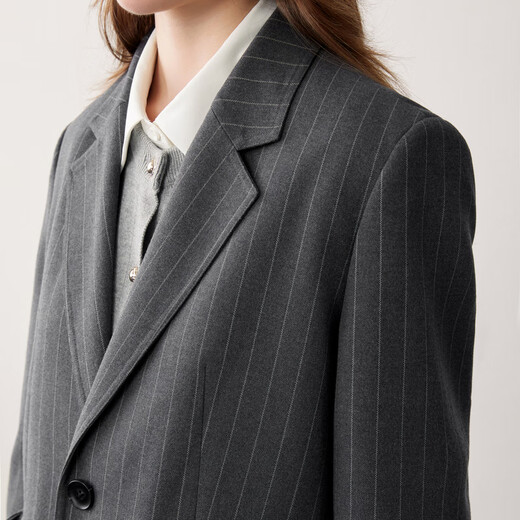 Leding Gray Style Flat Lapel Striped Suit Jacket Autumn New Bow Design Suit Black, White and Gray Stripes (Ready Stock) XS