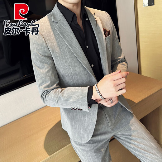 
Pier Cardin casual suit suit men's Korean style slim business casual formal wear no iron jacket groom wedding dress suit 1908 striped light gray suit + trousers + white shirt XL recommended 120-135 Jin [Jin equals 0.5 kg] to wear