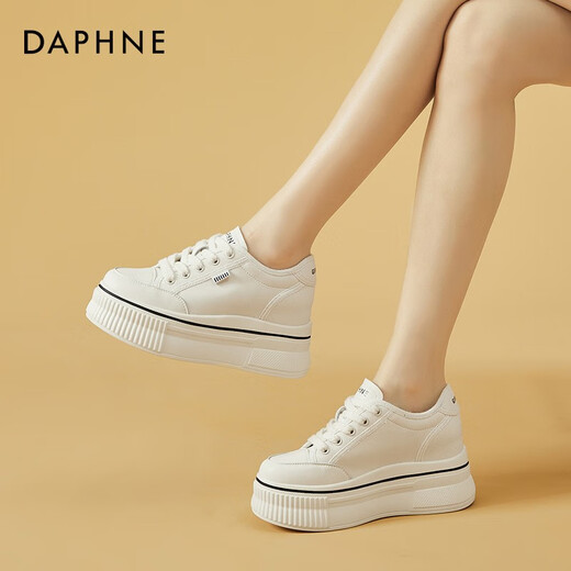 达芙妮（DAPHNE）帆布鞋女休闲饼干鞋黑白格子厚底增高鞋子新款学生百搭春款 1048款米色 38 (240mm) 标准码