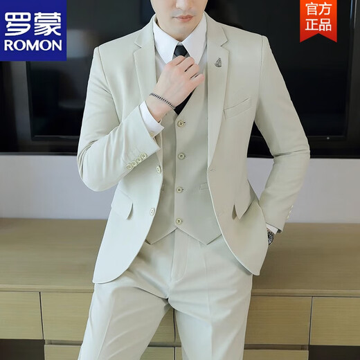 罗蒙（ROMON）西服套装男士韩版修身外套新郎结婚礼服商务职业正装小西装男 黑色-双扣三件套-西服+裤子+马甲 L 108-123斤
