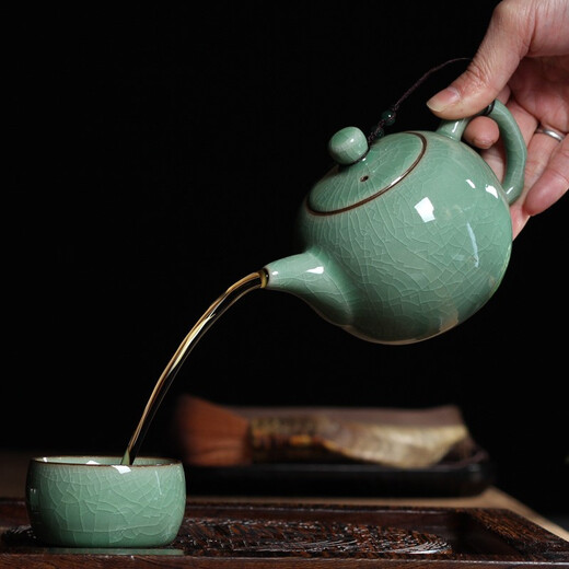 Lingqingfang celadon one pot, two cups, two cups with ball hole filter teapot teacup set ceramic complete set Ge Kiln office tea set Ge Kiln Meizi Qing