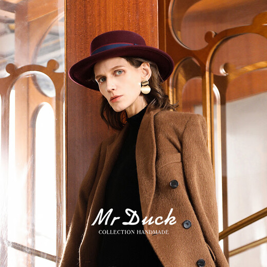 Mr DUCK Australian wool flat top hat for women New Year atmosphere festive hat Qiji red French style handmade felt hat MW462145-enamel wine red (double patchwork ribbon) L (57-58cm)