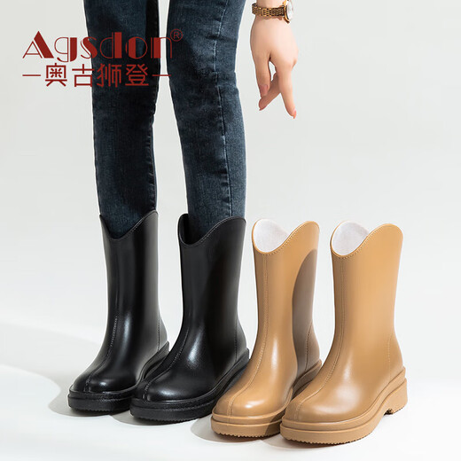 奥古狮登（Agsdon）雨鞋女时尚套脚成人雨靴中筒胶鞋雨靴防水雨鞋 823193 黑色 36