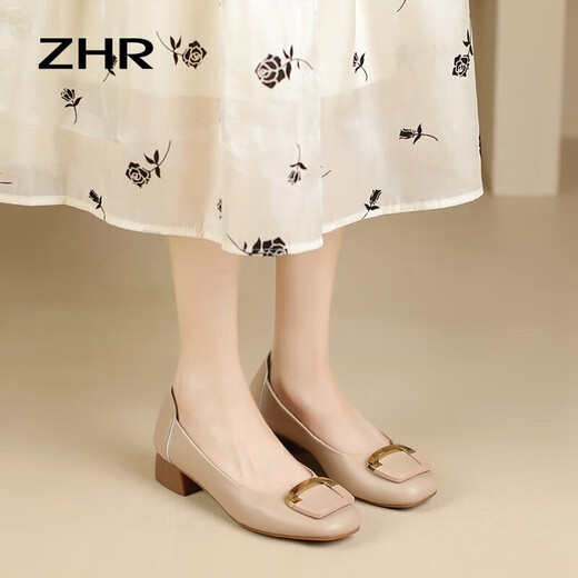 ZHR浅口单鞋女春秋粗跟通勤女鞋优雅方扣真牛皮船鞋女 AH378 杏色 37
