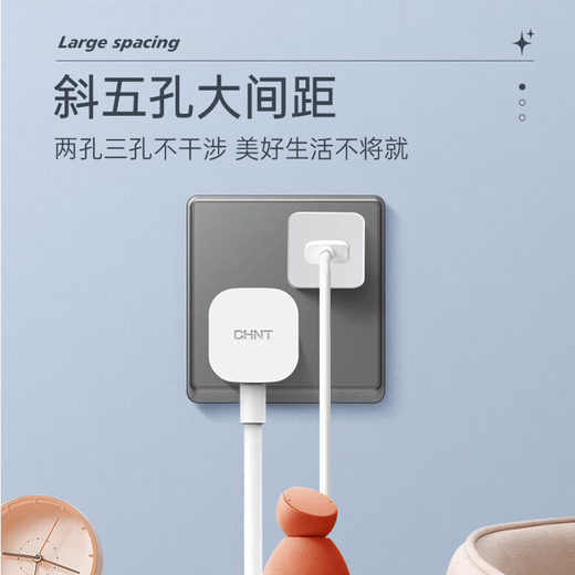 Chint (CHNT) switch socket panel type 86 concealed home five-hole socket whole house package wall panel socket narrow frame large panel oblique five-hole 6M space silver positive five-hole socket 10 pieces