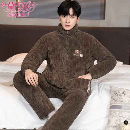 Modal winter coral velvet pajamas men's suit thickened flannel three-layer cotton jacket wearing middle-aged and young home clothes 9913 dark gray L weight (90-120Jin [Jin equals 0.5 kg])
