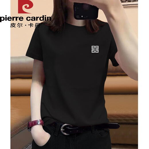 Pier Cardin summer 2025 new short-sleeved round neck pure cotton white shoulder T-shirt for women loose European top T-shirt ins trendy 854 white (regular round neck short-sleeved-black) S Recommended 80-100Jin [Jin equals 0.5 kg]
