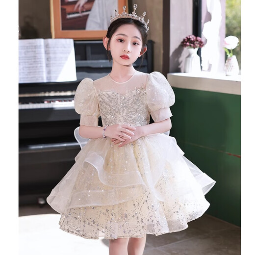 小咔衣浓女童生日晚礼服儿童公主裙花童婚礼小女孩轻奢小众高端钢琴演出服 香槟色短袖短款 120