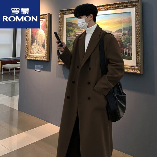 ROMON's new woolen coat, men's mid-length knee-length cashmere woolen double-sided wool windbreaker coat, winter Korean style coat, black and cotton (2024) XL