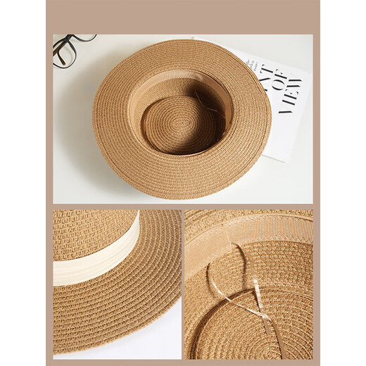 Meman flat top straw hat women's French straw woven top hat 2025 new summer large brim sun hat seaside vacation sun hat 2# concave top white-upgrade soft top [hat brim 8CM]