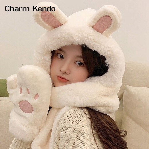 Charm Kendo hat and scarf for women all-in-one suit winter scarf and gloves for women to keep warm New Year's birthday gift for girls, practical gift for girlfriend and wife, white
