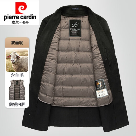 Pier Cardin High-End-Wollmantel für Männer mitten in der Wintergänse Velvet-Liner mit mittlerer Wintergänseland verdickt warm warme Herren-Wollmantelanzugskragen Schwarz 175