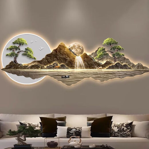 流水生财山水画新中式客厅装饰画沙发背景墙挂画大气茶室壁饰 13548 240*80精雕晶瓷画-插电遥控款