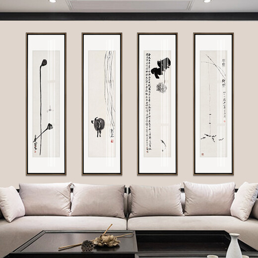 Xuanmutang Qi Baishi new Chinese style living room decorative painting sofa background wall Zen ink hanging painting tea room study four screens four screens (walnut rounded corner frame) finished product width 30cm*height 100cm