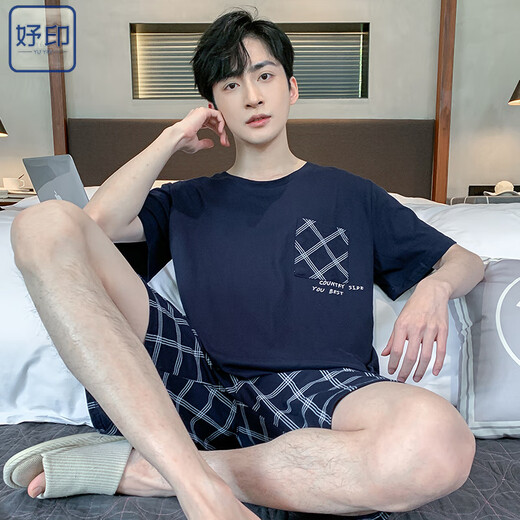 妤印睡衣男夏季棉质薄款短袖短裤可外穿休闲男士加大码凉感家居服套装 9928# L 【建议100-120斤】