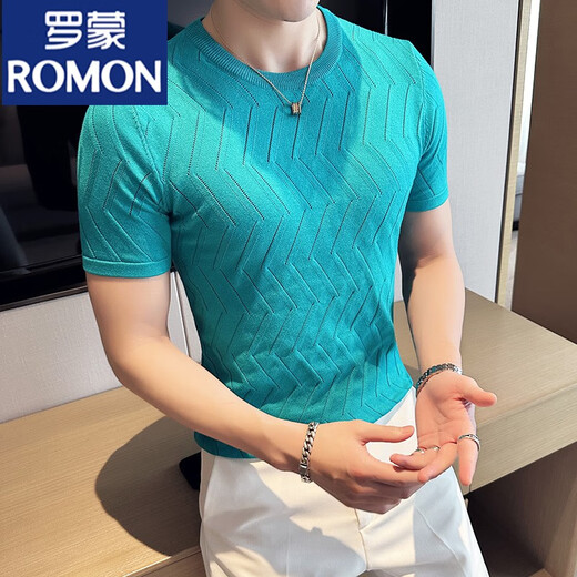 Romon Summer Ice Seide Schwarze Herren High-End-Kurzärärmel-T-Shirt für Männer hohl gestricktes rundes Hals Schlanker Anfall Neues atmungsaktives T-Shirt Dünn 9759 Grau (Diamantplaidstil) xl