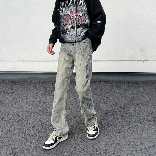 Thunder Han American Retro Waschanschluss Jeans Lose High Street Straight HipHop Design Sinn hübsches, vielseitige Hosen XT-Sxnz-7029 Black M.