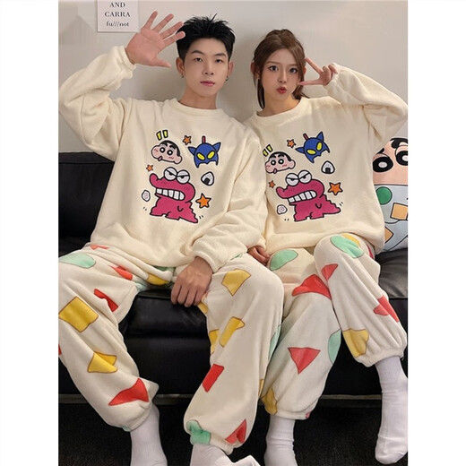 Mobeihai Crayon Shin-chan pajamas for a man and a woman couple autumn and winter flannel warm coral velvet thickened cartoon home clothes 3726# Male XL size recommended 125-155 Jin Jin equals 0.5 kg