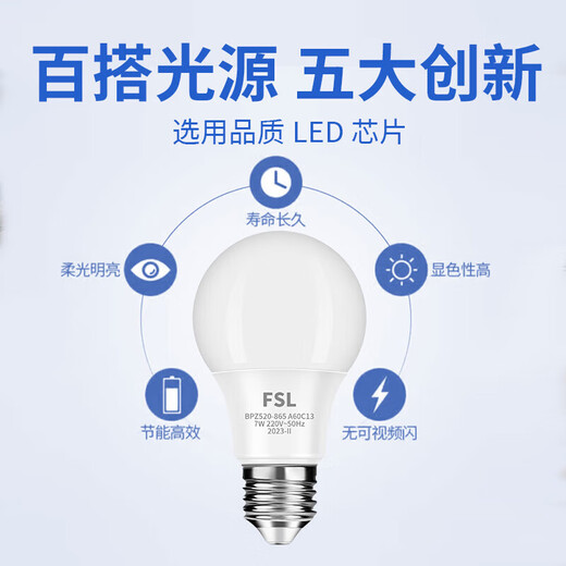 FSL Foshan Lighting LED Bulb Super Bright High Color Rendering Energy-Saving Bulb Lighting Source E14 Small Screw 3W White Light 6500K