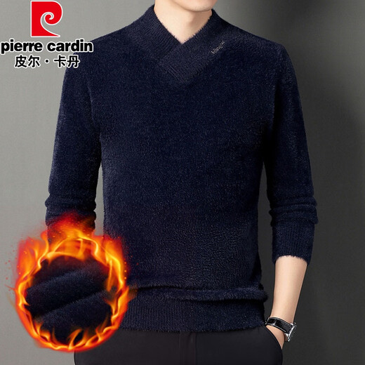 Pierre cardin winter thickened imitation mink sweater new style youth men pullover fashionable warm embroidered cross-collar sweater black 4XL 190
