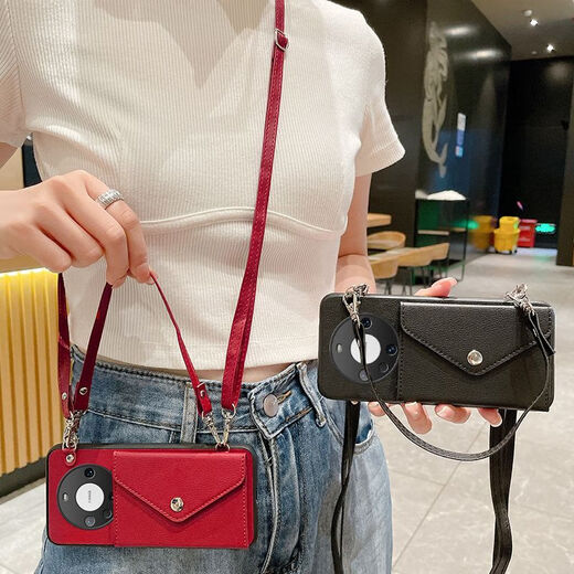 品胜华为mate60手机壳ALN-AL80零钱卡包5G可斜挎背带全包防摔软潮 红色荔枝纹卡包[长短挂绳+高清 华为mate60