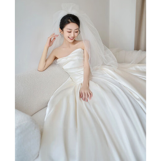 DL 1998 Pangdonglai Calidad Vestido de novia de calidad Bride Bride Pein Yarn Strip Satin New Texture French Retro White Fit Style <Vestido de novia único sin accesorios>+ XXL: Peso 130 Jin [Jin equivale a 0.5 kg]