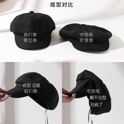 DIRUNSHI octagonal hat for women, autumn and winter trendy Korean style British retro painter internet celebrity beret wool wool versatile literary newsboy hat black adjustable (54-58CM)