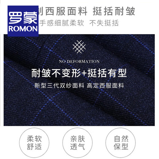 ROMON suit men's British style business casual professional slim formal groom wedding dress plaid small suit two-piece set-028 navy blue fine plaid 2XL size (plus 8 gifts)