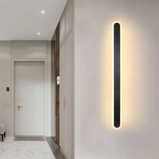 FENGLANQ light luxury minimalist one-word long wall lamp living room grille line TV background wall lamp simple bedroom bedside lamp black acrylic 80cm three-color variable white light + warm light + medium light