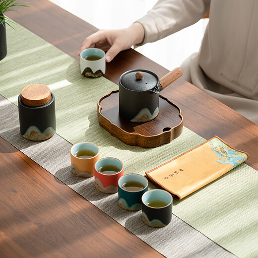 SUSHI CERAMICS hand-painted glaze colorful Qianlijiangshan tea set gift box side handle pot five-color cup cultural and creative souvenirs