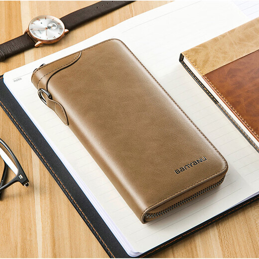 Shenshiyi men's wallet men's long multi-function clutch business casual zipper wallet retro cowhide large capacity business leather long wallet [N991 khaki]