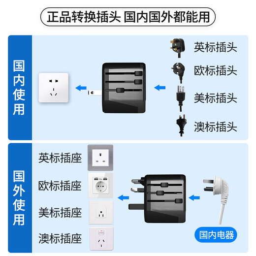 Philips (Philips) Conversión de conversión en el extranjero Converter de enchufe de viajes internacional/Reino Unido, Europa, América, Australia, Alemania, Japón, Singapur, Corea del Sur, Hong Kong,/2a1c Carga 1001a Negro