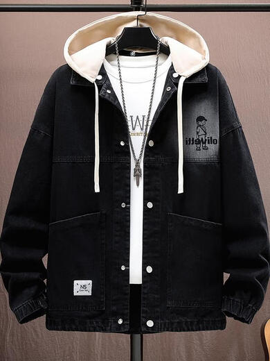 Pilo Gordon Biluogenee Teen-Jeansjacke für Jungen im Frühjahr, Herbst und Winter New Style und Velvet Dicked High School Lose Jacket Herren-Kleidung 9855 Schwarz [plus Samtstil] XL (120-140jin [Jin gleich 0,5 kg] ungefähr