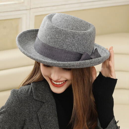 Zunti hat women's autumn and winter wool woolen hat rolled edge flat top retro bow British versatile casual fashion hat black one size