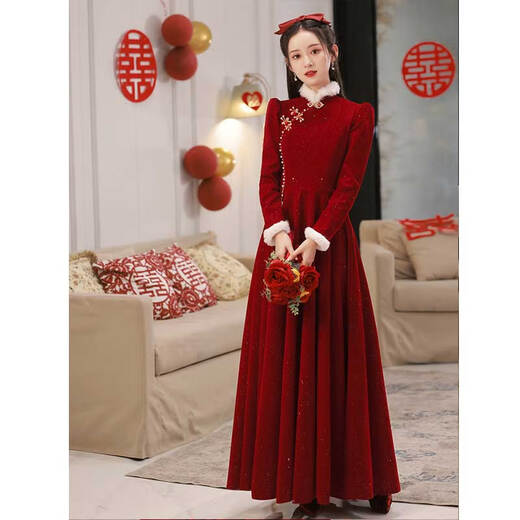Seidler Toast Wear Bridal 2025 New Winter Burgundy Engagement Dress Women's Thick Wedding Return Casual Wear High-End Burgundy Long Style M