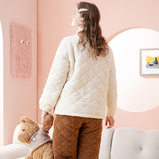 Fenten couple's pajamas autumn and winter quilted plus velvet stand-up collar anti-static long-sleeved pajamas set cartoon bear home clothes off-white-women's M