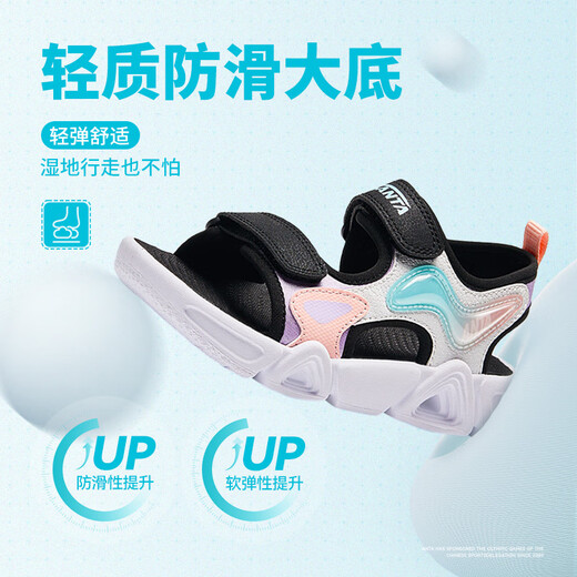 ANTA Children's Sandals Girls Beach Shoes 2024 Summer New Open Toe Breathable Velcro Arch Sandals Anta White/Light Mist Purple/Black-1 28 Size