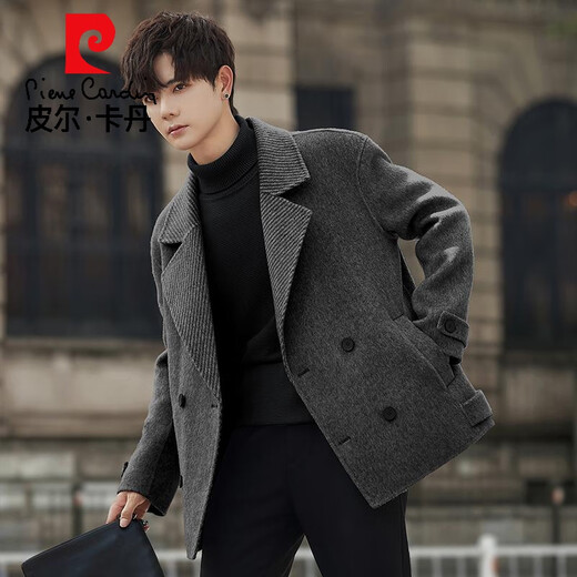 Pierre Cardin high-end double-sided woolen coat for men 2025 new winter woolen coat short double-breasted thickened woolen gray 3XL 190