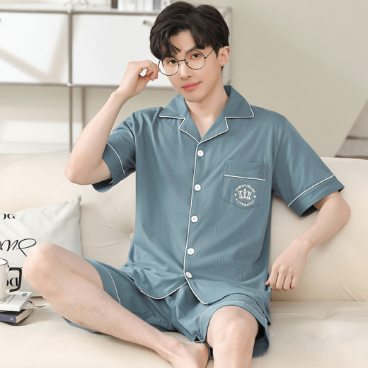 Aifenrou Pyjamas Herren Sommer reines Baumwoll-Kurzarm-Hauskleidung für Teenager im Sommer Casual einfacher dünner Stil großer Anzug 12805Jyr l Gewicht 100-120jin [Jin ist 0,5 kg]