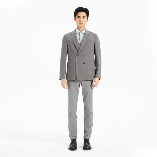利郎青年商务男装【肌理提花】西服男羊毛桑蚕丝混纺双排扣西装外套 浅灰 175A