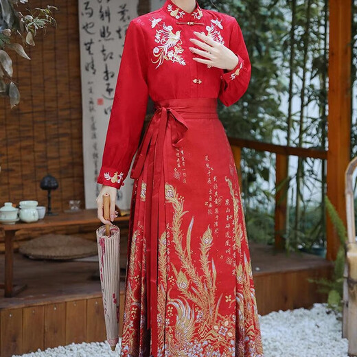 闻莺燕春夏汉服成人女织金红色马面裙全套小个子重工缎面提花衬衫套装 983红色上衣+6288红色马面裙 XL （建议体重135-150斤）