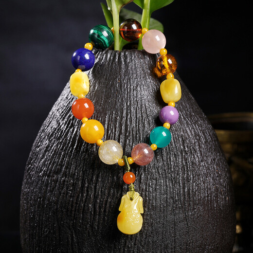 Ouchini Natural Beeswax Bracelet Duobao Series Bracelet Blood Amber Gold Amber Rose Crystal Hair Crystal Old Honey Southern Red Malachite Strawberry Crystal with Amber Water Drop Pendant Women's Model